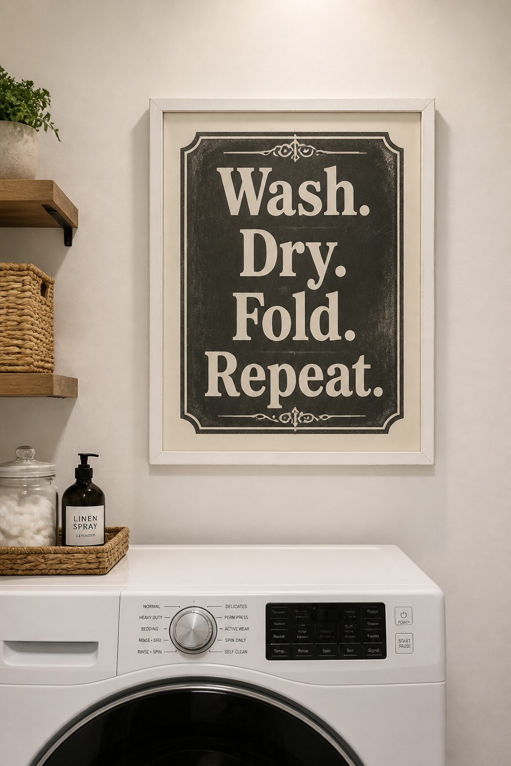 A single framed vintage laundry print at eye level — even a free printable in a dollar-store frame — makes the room feel considered rather than forgotten.