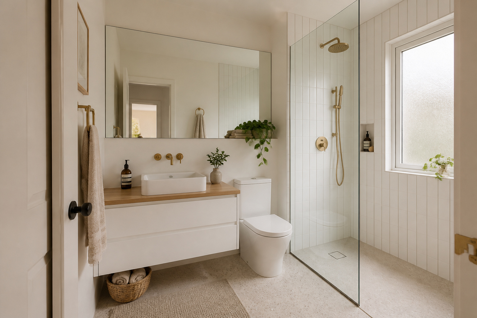 A thoughtfully designed small bathroom interior proving that good design decisions — floating vanity, vertical tile, large mirror, natural light — make every square foot count.