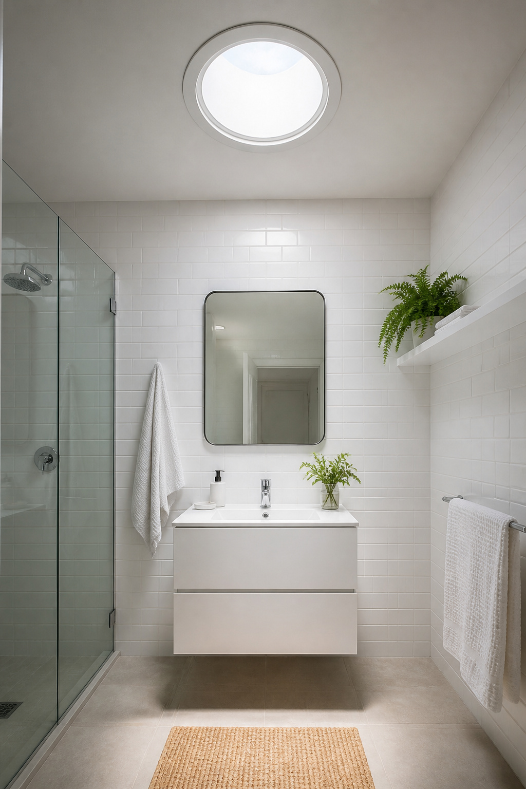 A tubular skylight channels full-spectrum natural daylight into a windowless bathroom — the effect cannot be replicated by any artificial light source.