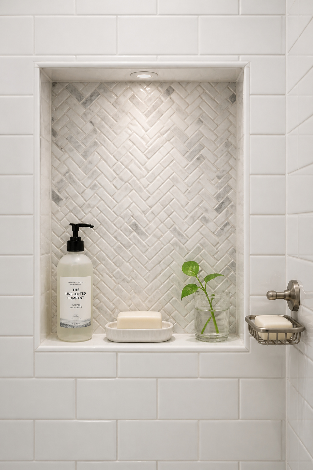A recessed niche holds all the same items as a hanging caddy while sitting completely flush with the wall surface — zero visual protrusion.