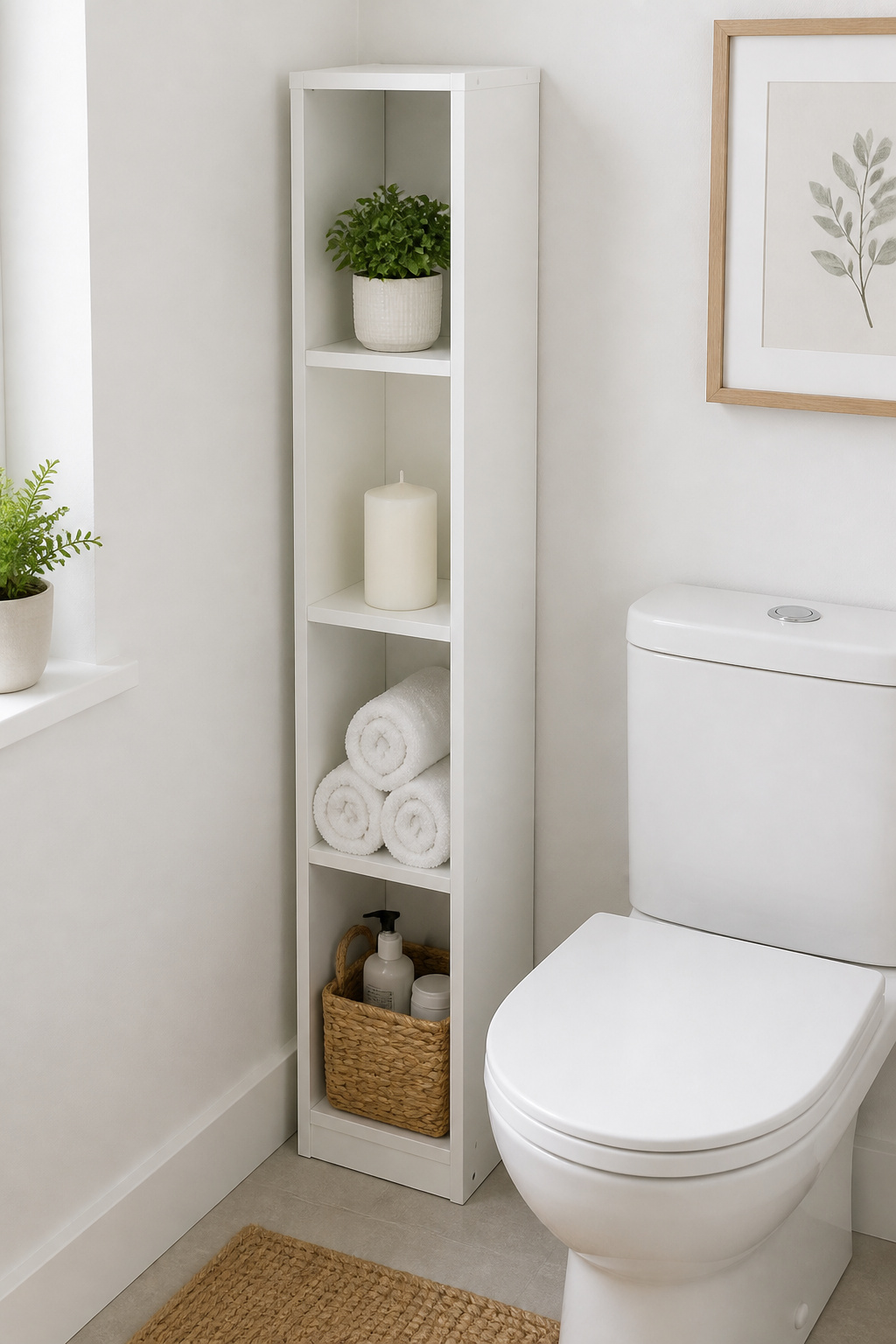 A ceiling-height slim storage tower turns unused corner space into organised storage while drawing the eye upward and making the room feel taller.