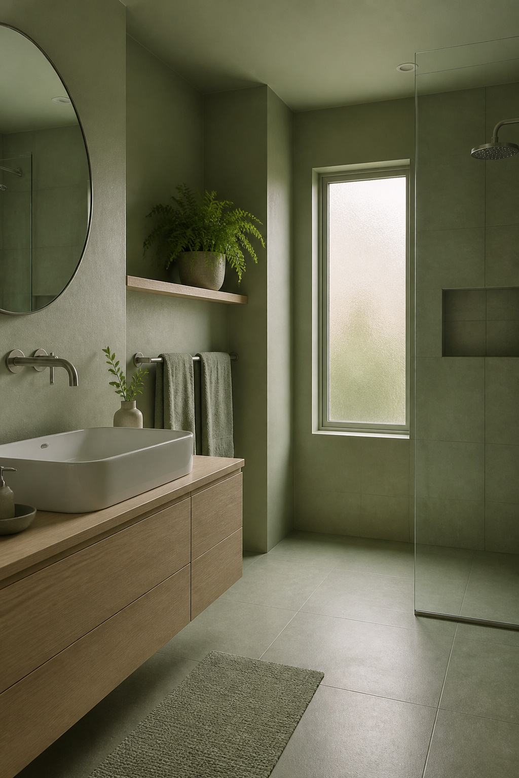 A monochromatic palette erases visual boundaries between walls, floor, and fixtures — the eye doesn't stop at each surface and the room reads as one open space.