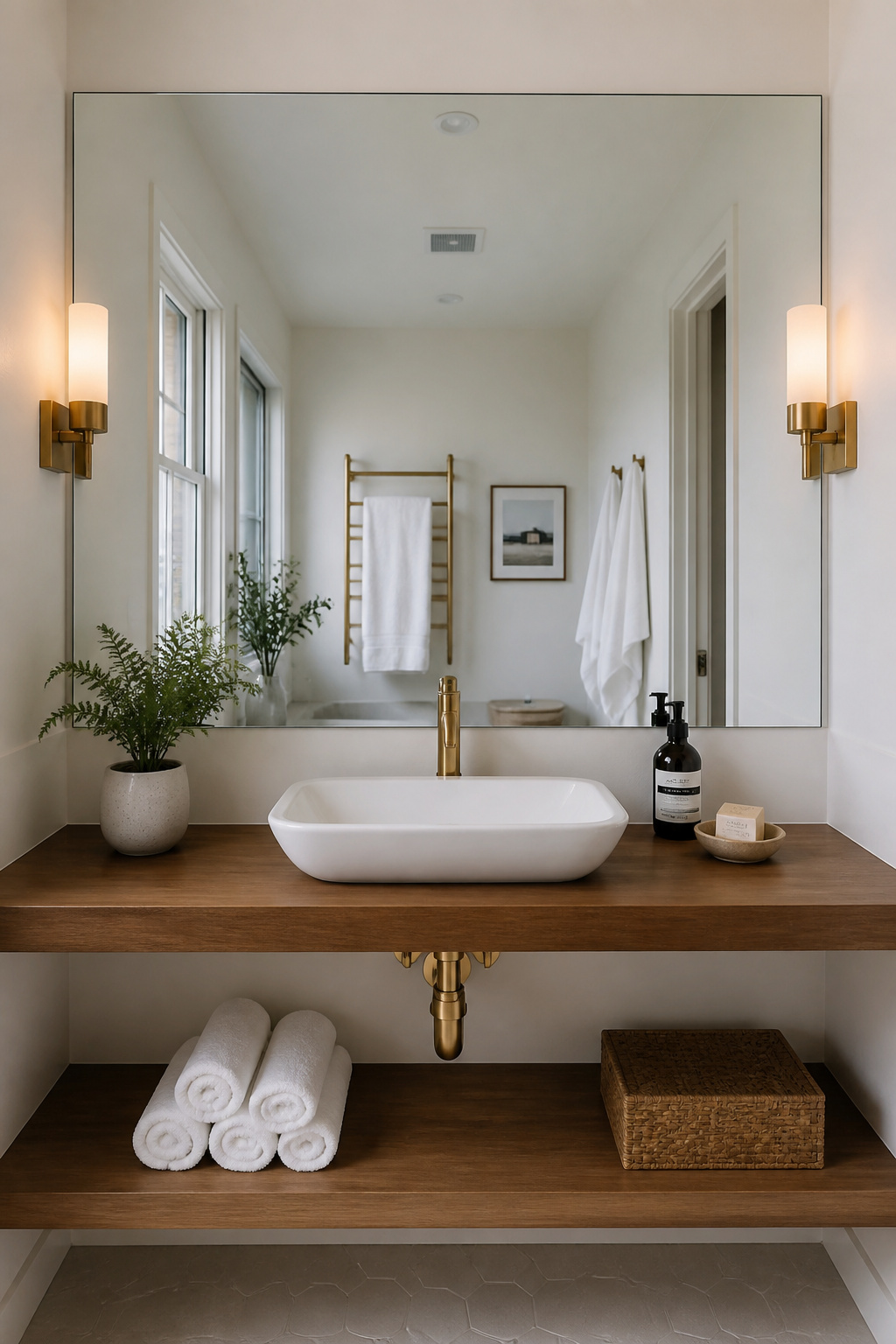 A full-width frameless mirror reflects the room back at double the visual depth, one of the most effective upgrades in any small bathroom.