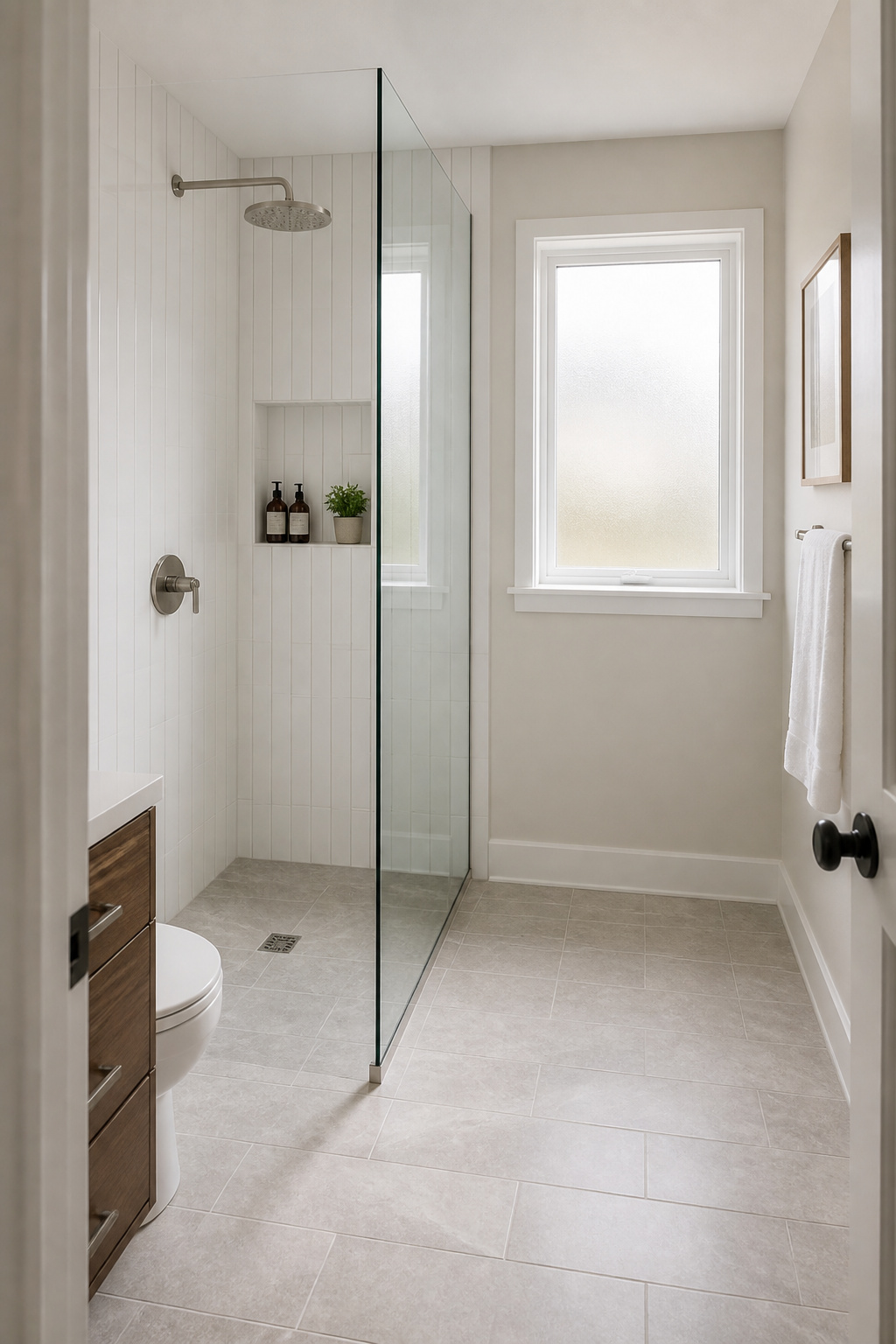 Converting the tub-shower combo to an open walk-in shower removes the high walls that divided the room and creates a much more open feel.