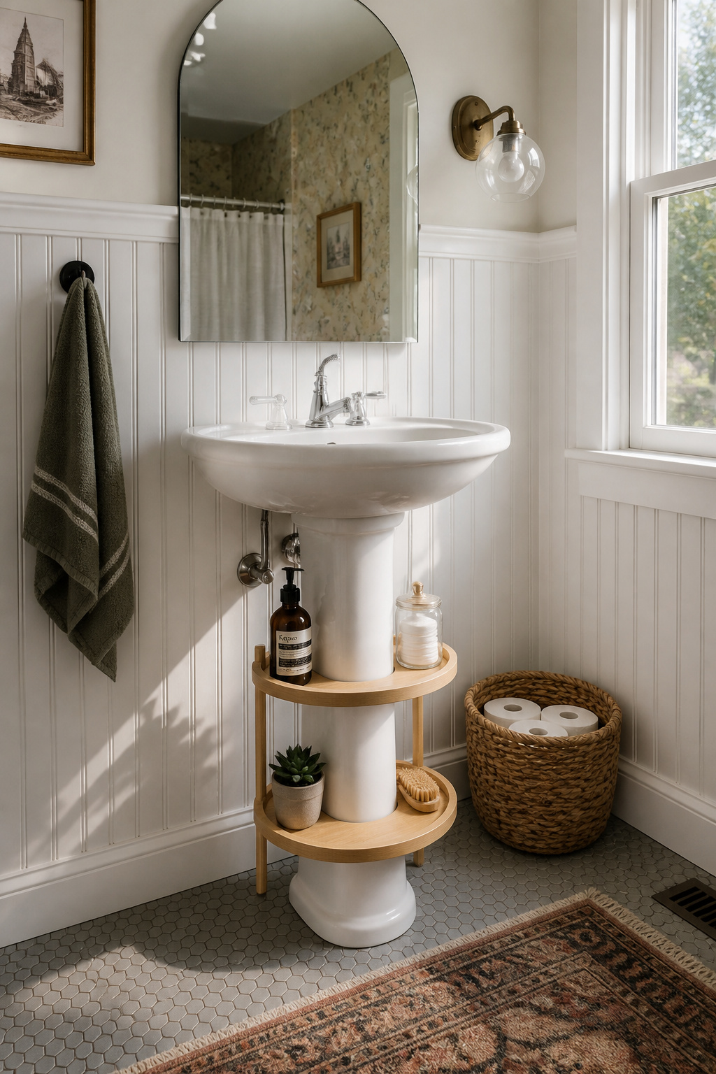 A pedestal sink opens up the floor plan but trades storage — with the right under-pedestal solutions, you keep both the openness and the organisation.