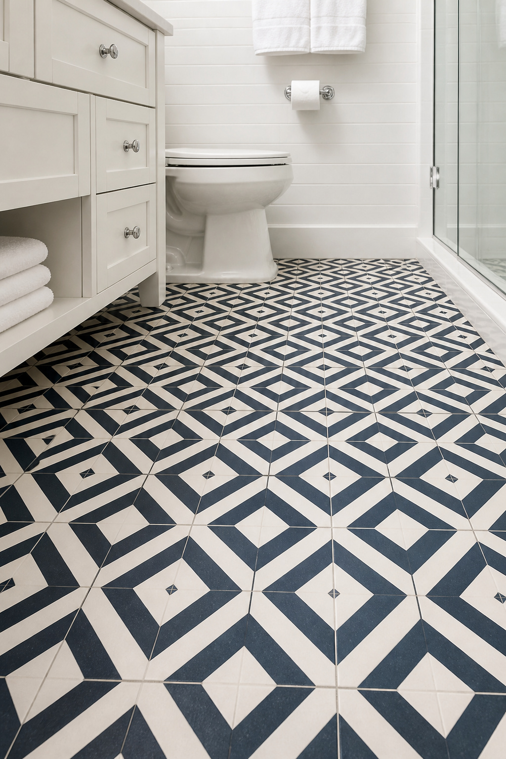 A bold geometric floor in a small bathroom signals deliberate design rather than a forgotten surface — it anchors the room with personality.