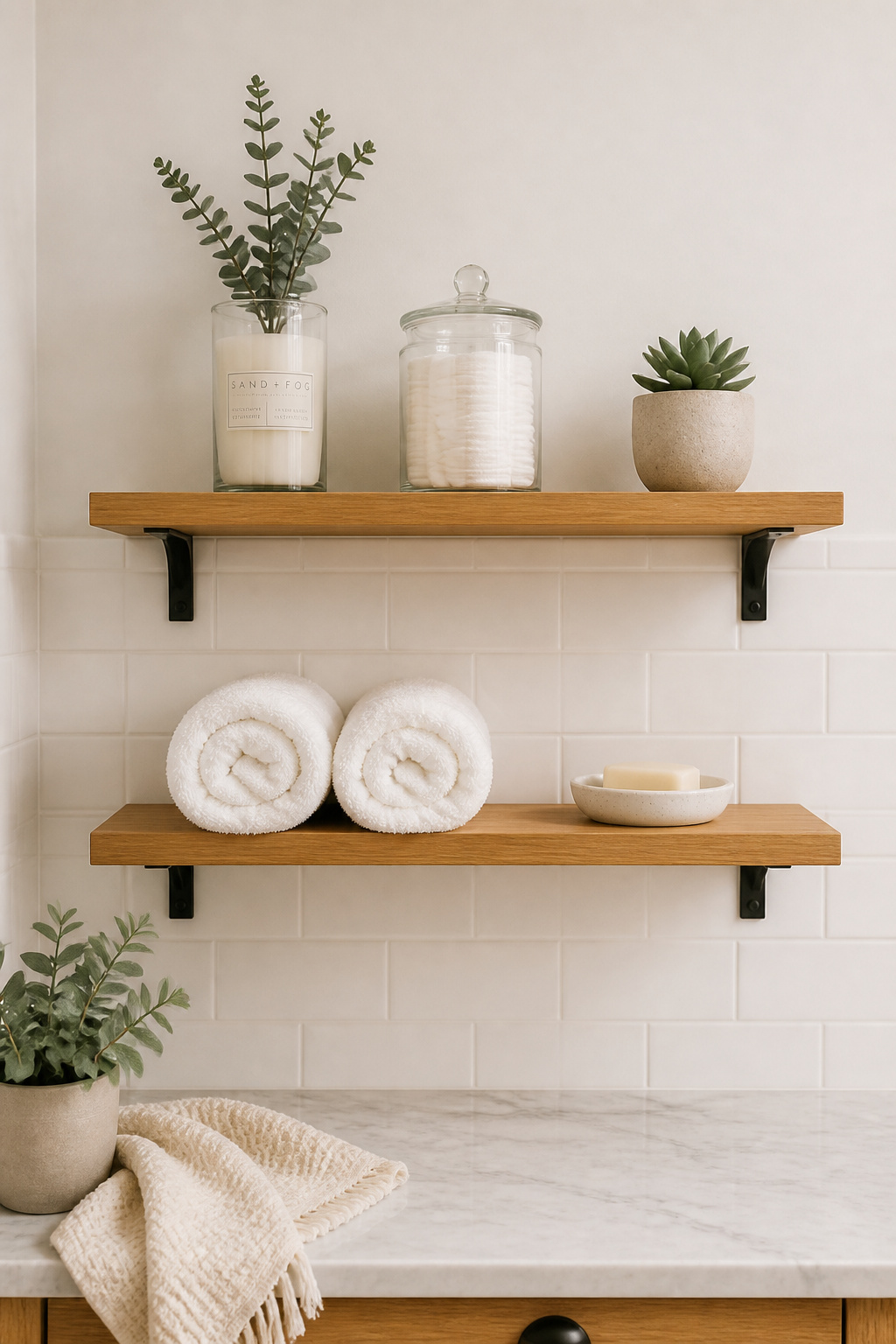 Open shelves styled with the rule of three create a curated look rather than visual clutter, keeping the small bathroom feeling intentional and light.