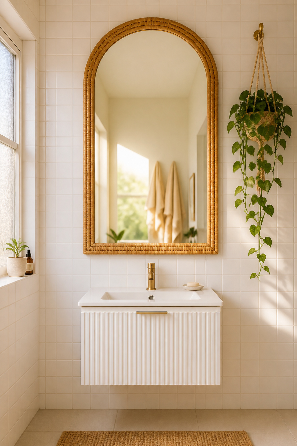 An oversized statement mirror reflects light, doubles visual depth, and delivers more personality than any artwork of the same size — at a fraction of the effort.