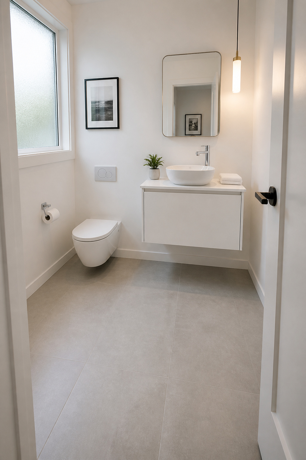 A floating vanity exposes the full floor plane beneath it, making this compact bathroom feel open and airy despite its modest footprint.