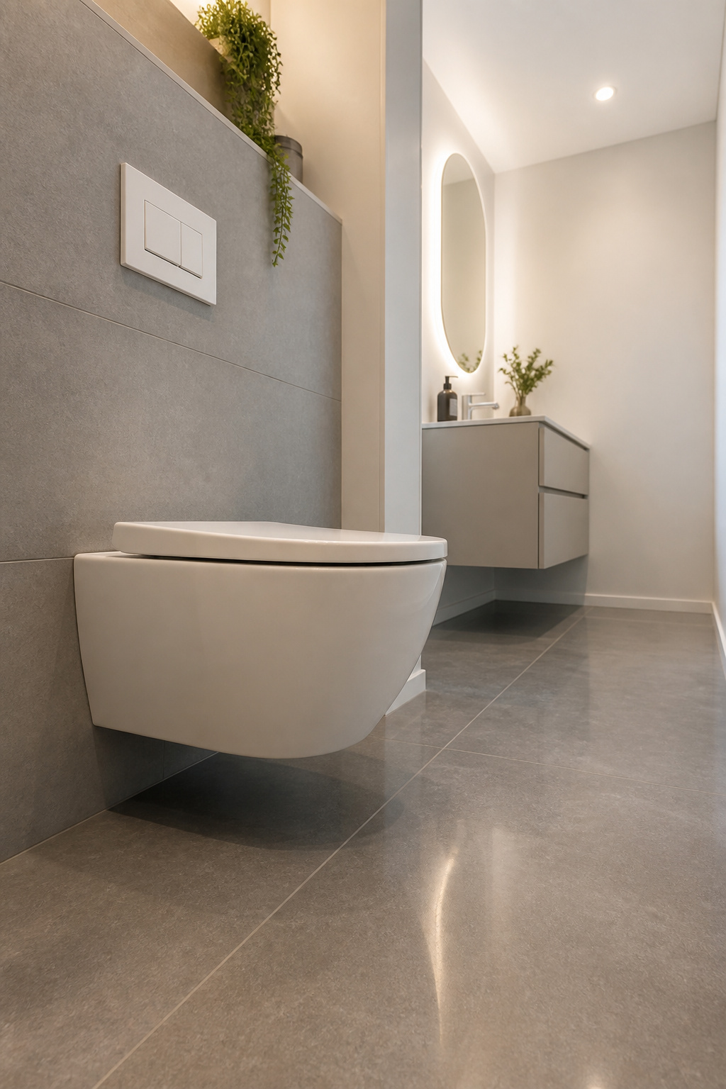 A wall-hung toilet gains up to 8 inches of floor depth over a standard close-coupled model and keeps the full floor plane visually uninterrupted.