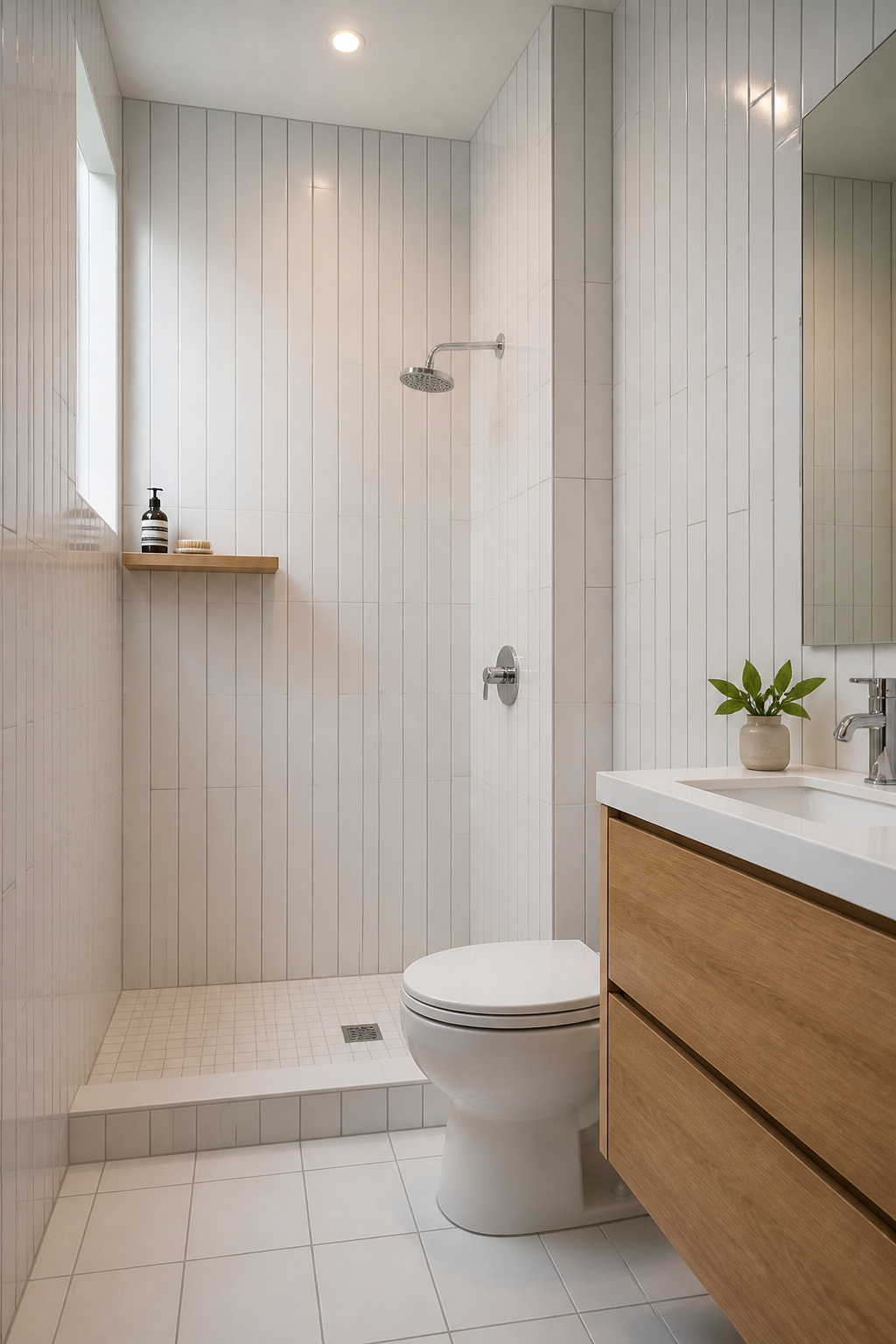 Elongated subway tiles laid vertically draw the eye upward and make standard 8-foot ceilings appear taller in even the smallest bathroom.