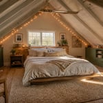 A complete attic bedroom transformation showing how sloped ceilings, exposed rafters, and eave storage can become the room's defining features rather than its limitations.