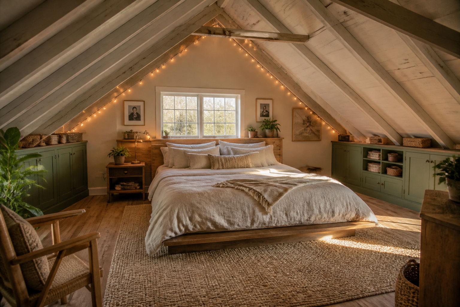 A complete attic bedroom transformation showing how sloped ceilings, exposed rafters, and eave storage can become the room's defining features rather than its limitations.