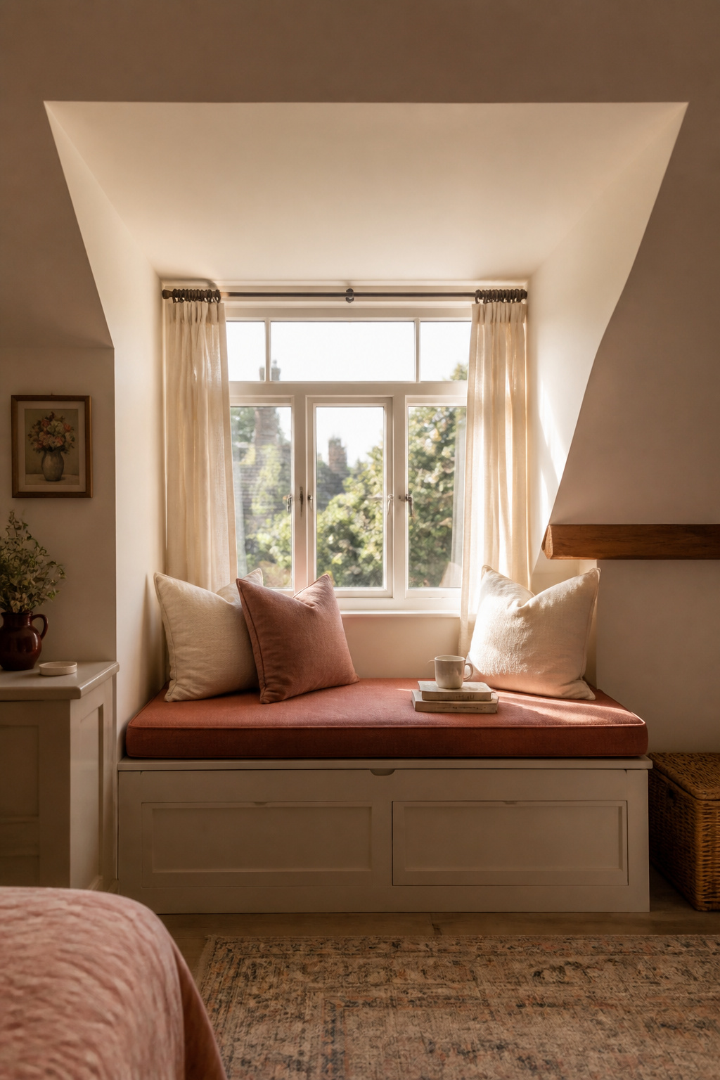 A 16-inch deep storage bench fitted into a dormer alcove becomes a reading nook, with a hinged lid concealing enough storage for a full set of extra bedding.