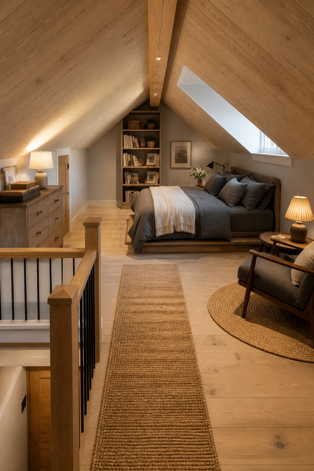 Tall bookcase at the gable-end peak, dresser under the low slope, bed centred at the ridge — the furniture placement logic that makes an irregular attic bedroom feel considered rather than cramped.