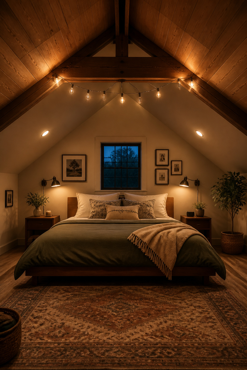 Three light layers — gimbal recessed downlights, plug-in swing-arm sconces, and Edison string lights along the beam — create a flexible and flattering attic bedroom lighting plan.
