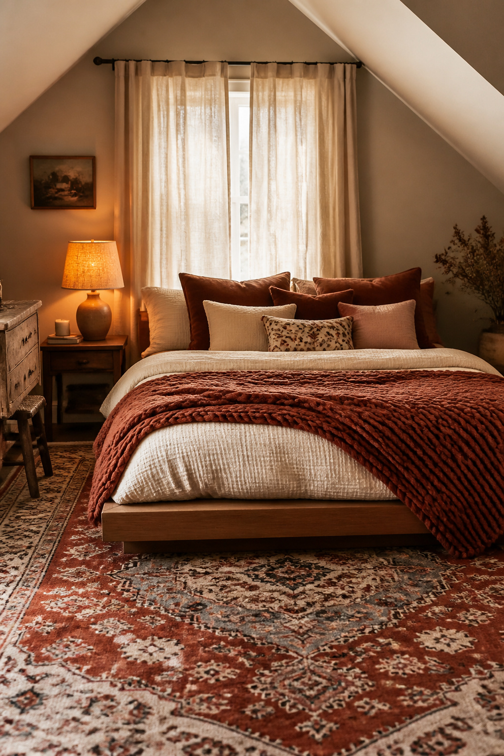 A rust Turkish rug, chunky knit throw, mixed cushions, and linen blackout curtains — layered textiles transform a bare attic room into an enveloping cosy retreat.