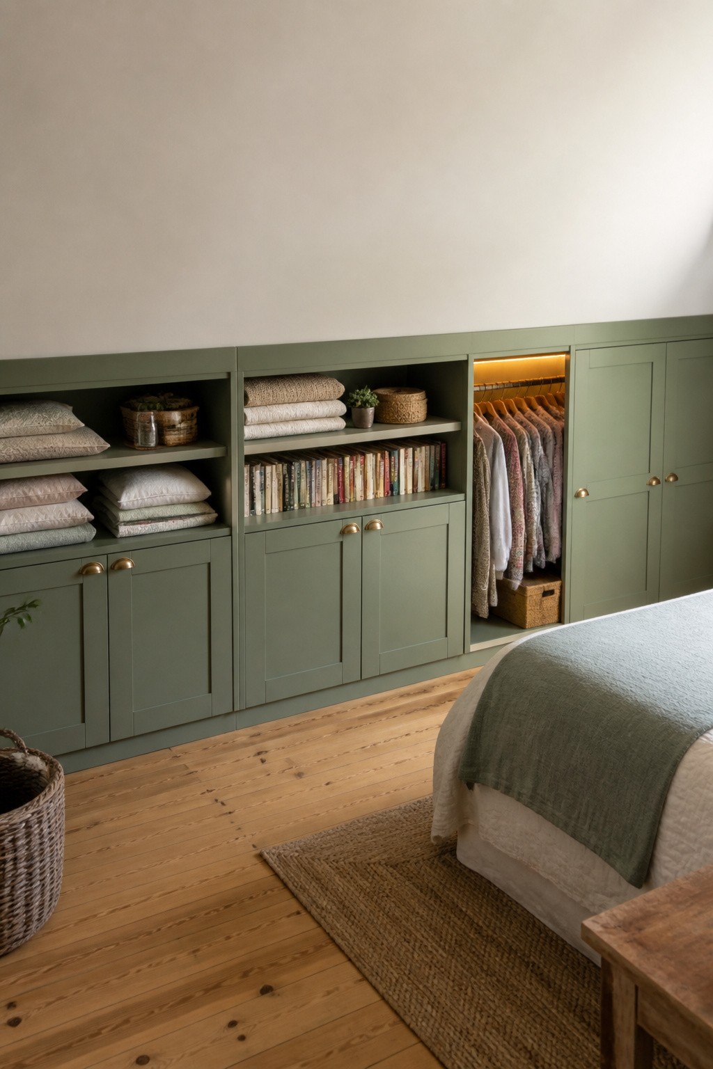 The dead space behind the knee wall converted into a full run of sage-painted built-in storage — wardrobes, open shelving, and a short-hang clothes rail.