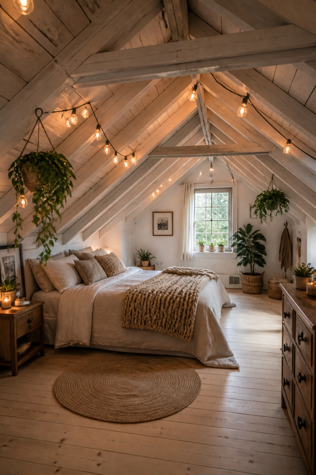 Whitewashed pine rafters with Edison string lights and hanging pothos — turning exposed structural beams into the attic bedroom's defining design feature.