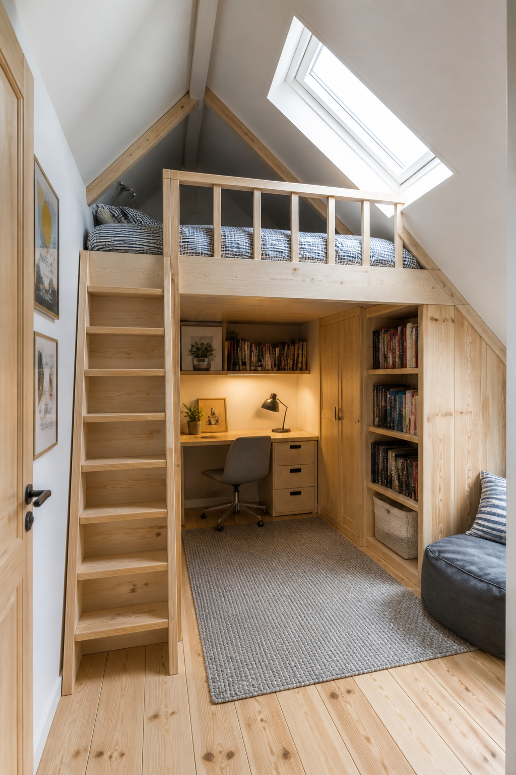A purpose-built pine loft bed sits at the roof peak where headroom is maximum, with a study nook below — every square foot earning its keep in a small attic bedroom.