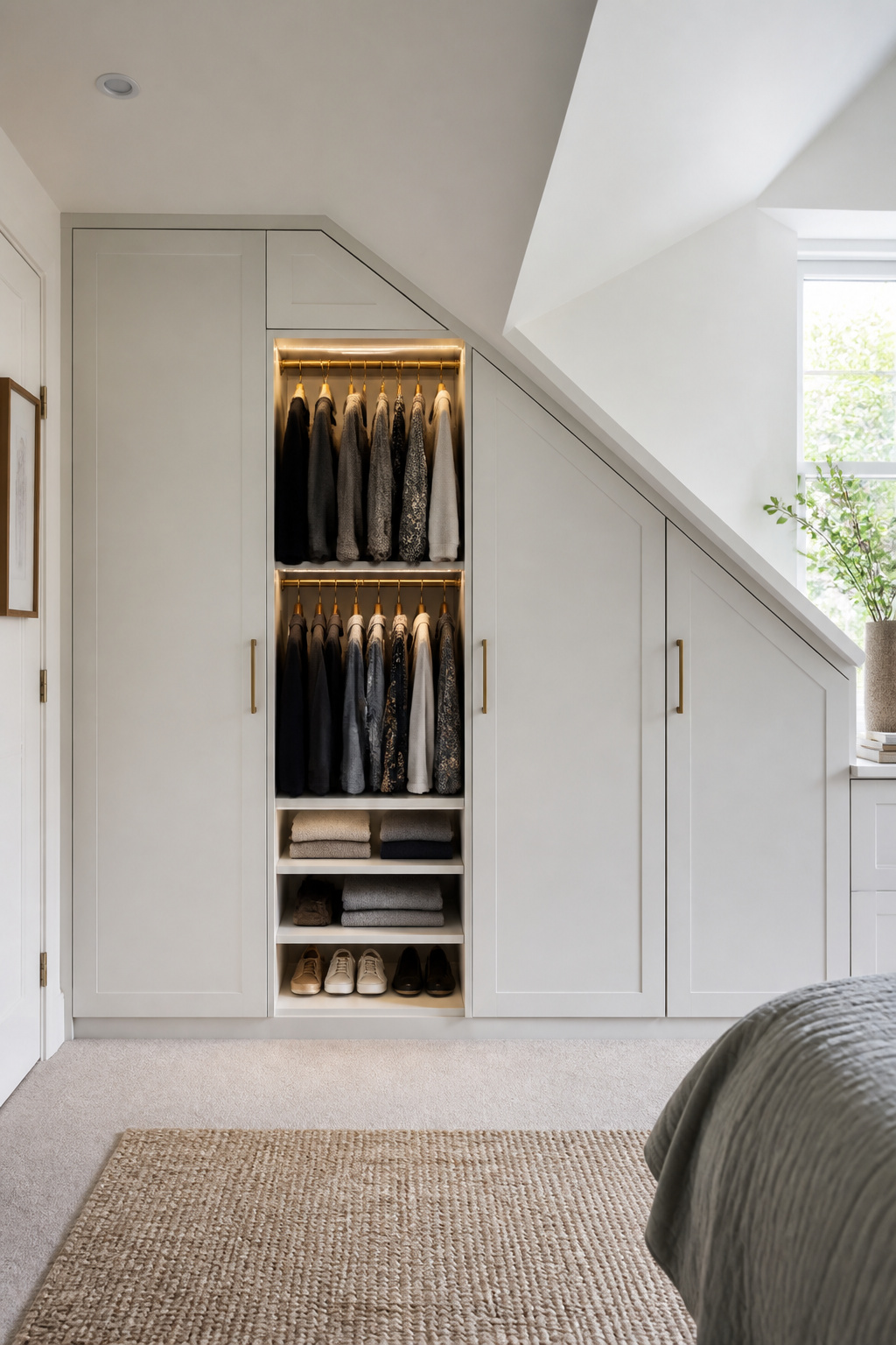 Two levels of short-hang rails in a PAX-hacked eave wardrobe — the custom angled infill panel at the top creates a seamless built-in look right up to the sloped ceiling.