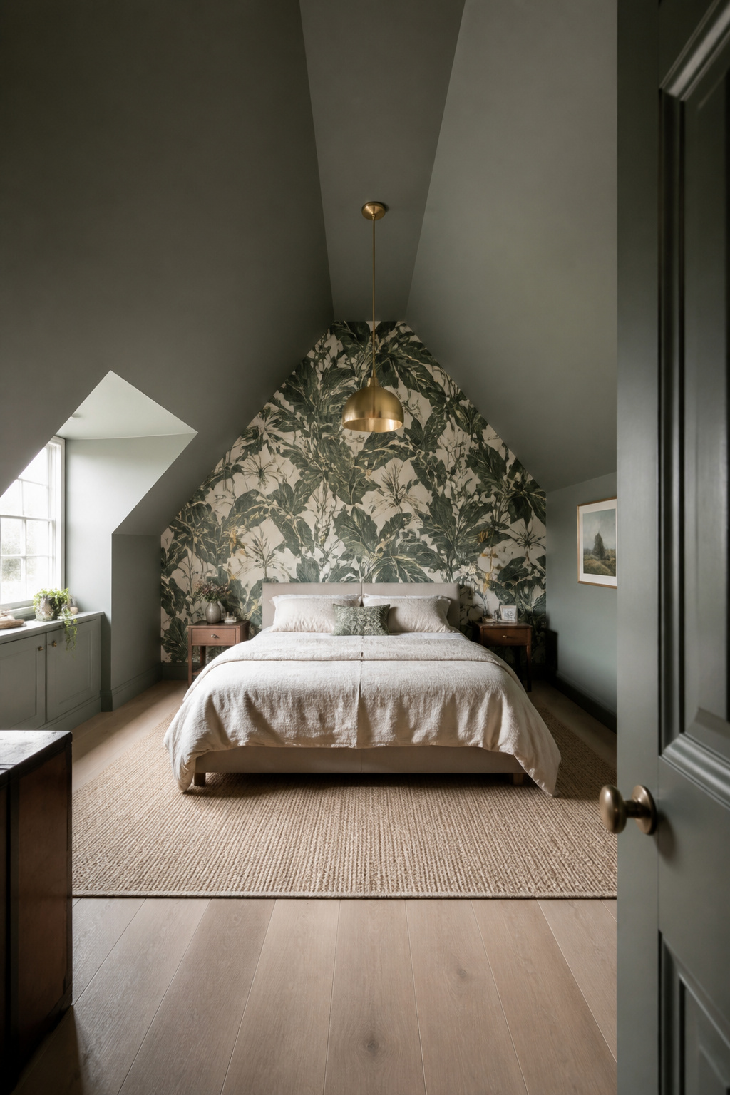 Matching the sloped ceiling and walls in the same dusty sage removes the hard horizon line that makes attic rooms feel short — a botanical wallpaper gable wall provides the drama.