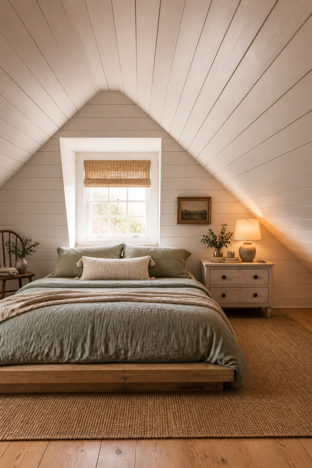 White-painted shiplap running from knee wall to ceiling peak ties the awkward angles of an attic bedroom into a single cohesive surface — cozy, farmhouse-warm, and achievable in a weekend.