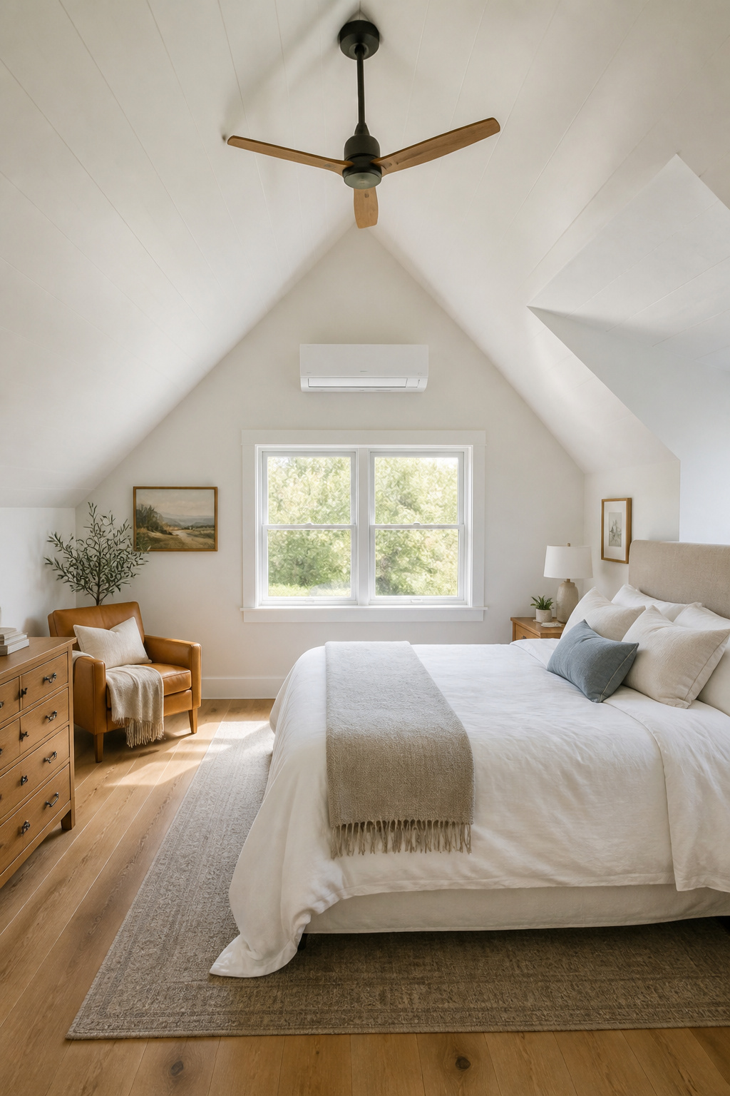 A wall-mounted mini-split and a sloped-ceiling fan adaptor are the two investments that make an attic bedroom usable year-round — paired with spray foam insulation at the roof deck.