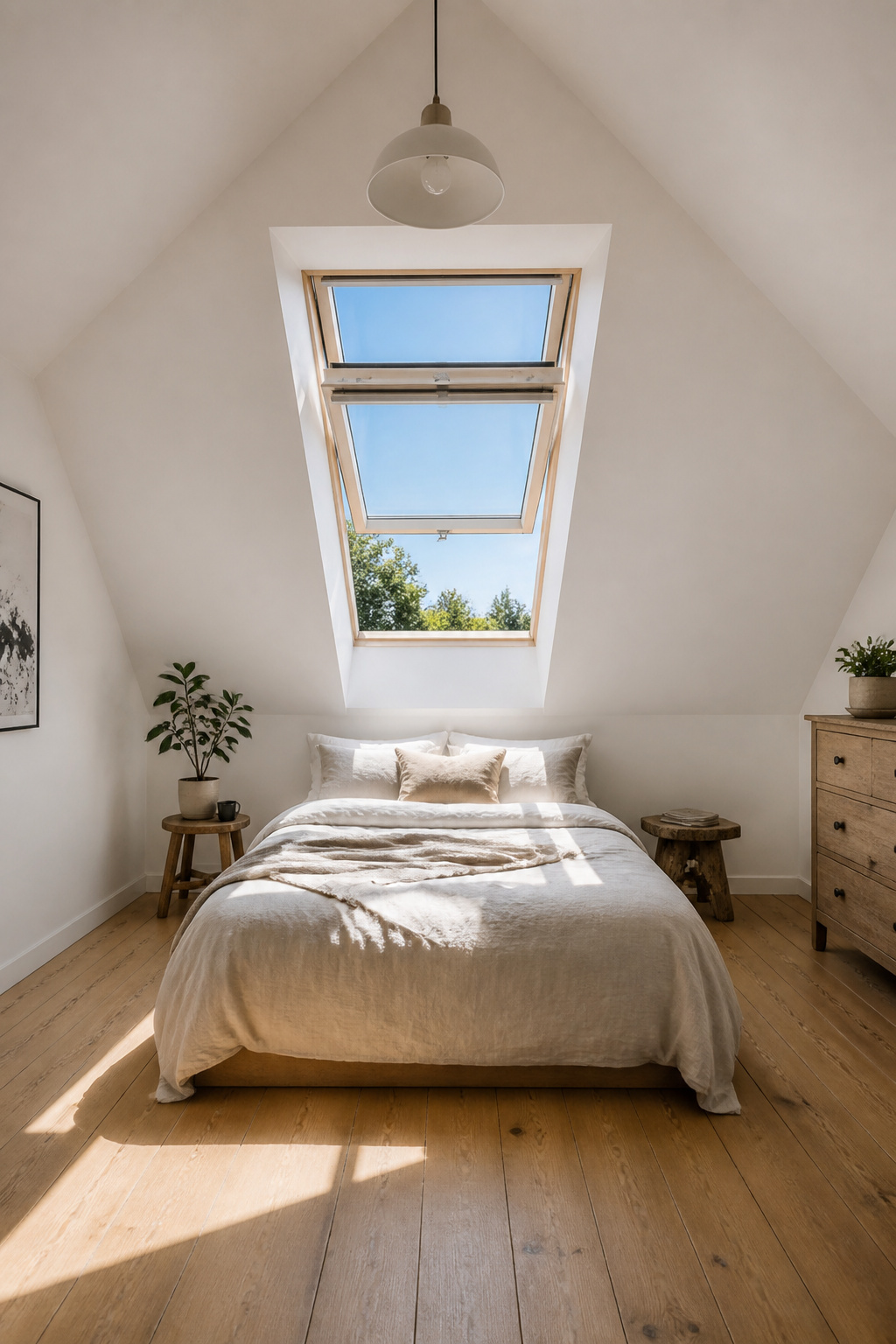 A venting roof window set directly above the bed floods an attic bedroom with natural light — the single change that eliminates the cave feeling no artificial lighting can fully solve.