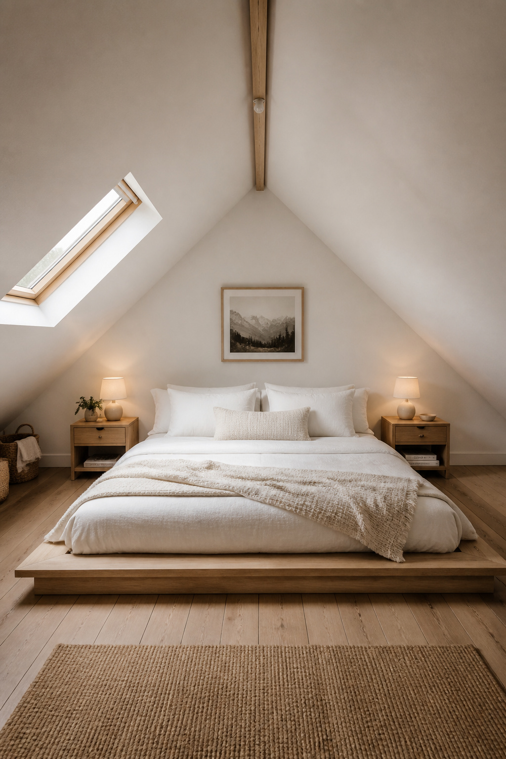 A low 5-inch oak platform bed positioned under the roof peak gains a full 36 inches of overhead clearance — the most impactful single change in any attic bedroom.