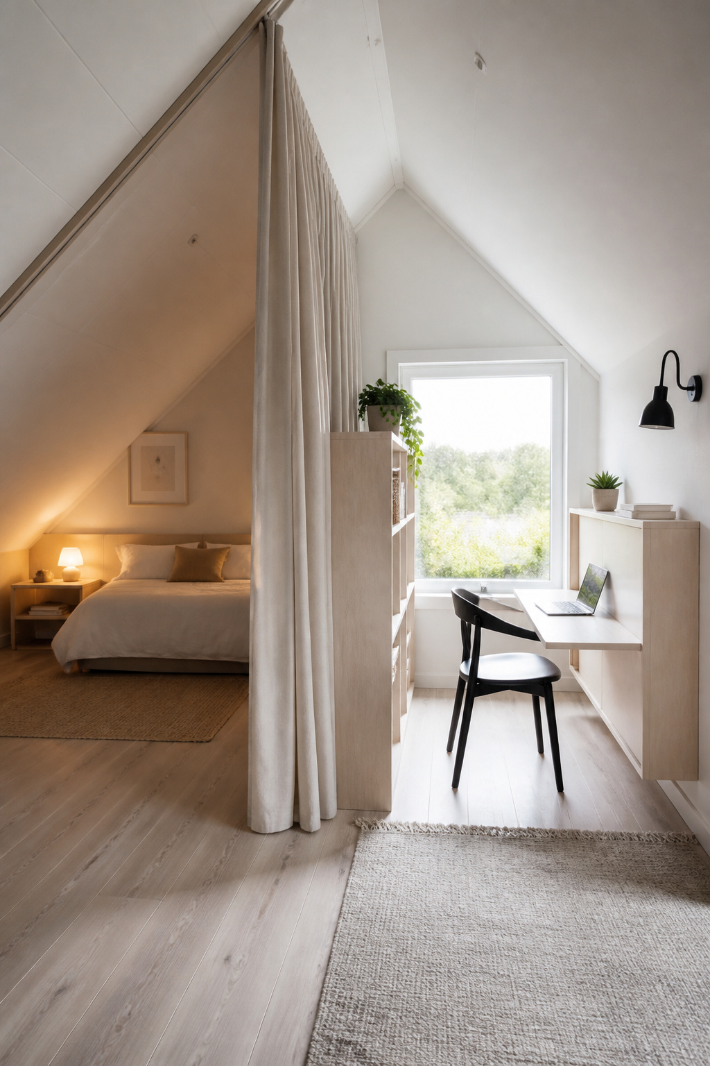 A fold-down Murphy desk at the full-height gable wall and a partial curtain track divider create a functional home office that disappears when it's time to sleep.
