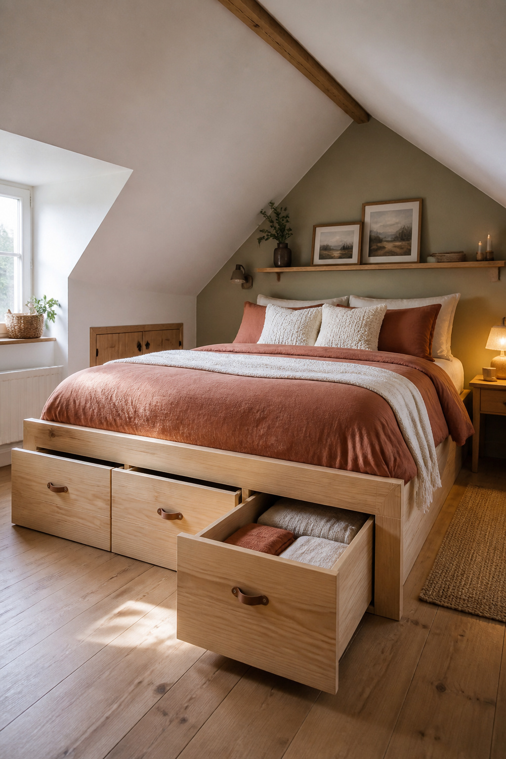 A DIY storage platform in natural pine with three deep pull-out drawers at the foot — the attic bedroom idea that replaces a dresser while keeping the floor completely clear.