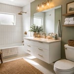 A small bathroom that earns every inch — vertical subway tile, a floating vanity, large frameless mirror, and warm lighting working together to make a tight space feel intentional.