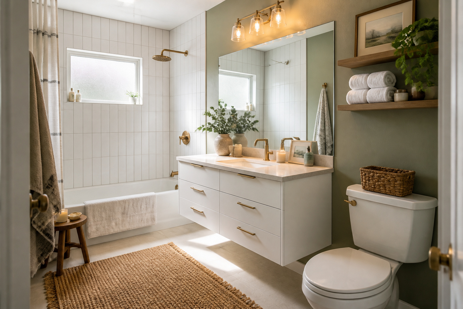 A small bathroom that earns every inch — vertical subway tile, a floating vanity, large frameless mirror, and warm lighting working together to make a tight space feel intentional.