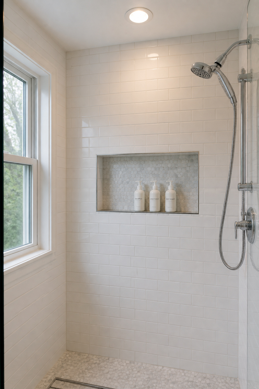 A built-in shower niche turns bottle storage into architecture — flush with the tile, no caddy, no rust, and no visual clutter in the shower.