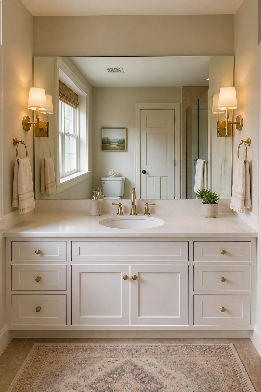A frameless mirror spanning the full vanity width doubles the perceived depth and light in the room without a single structural change.