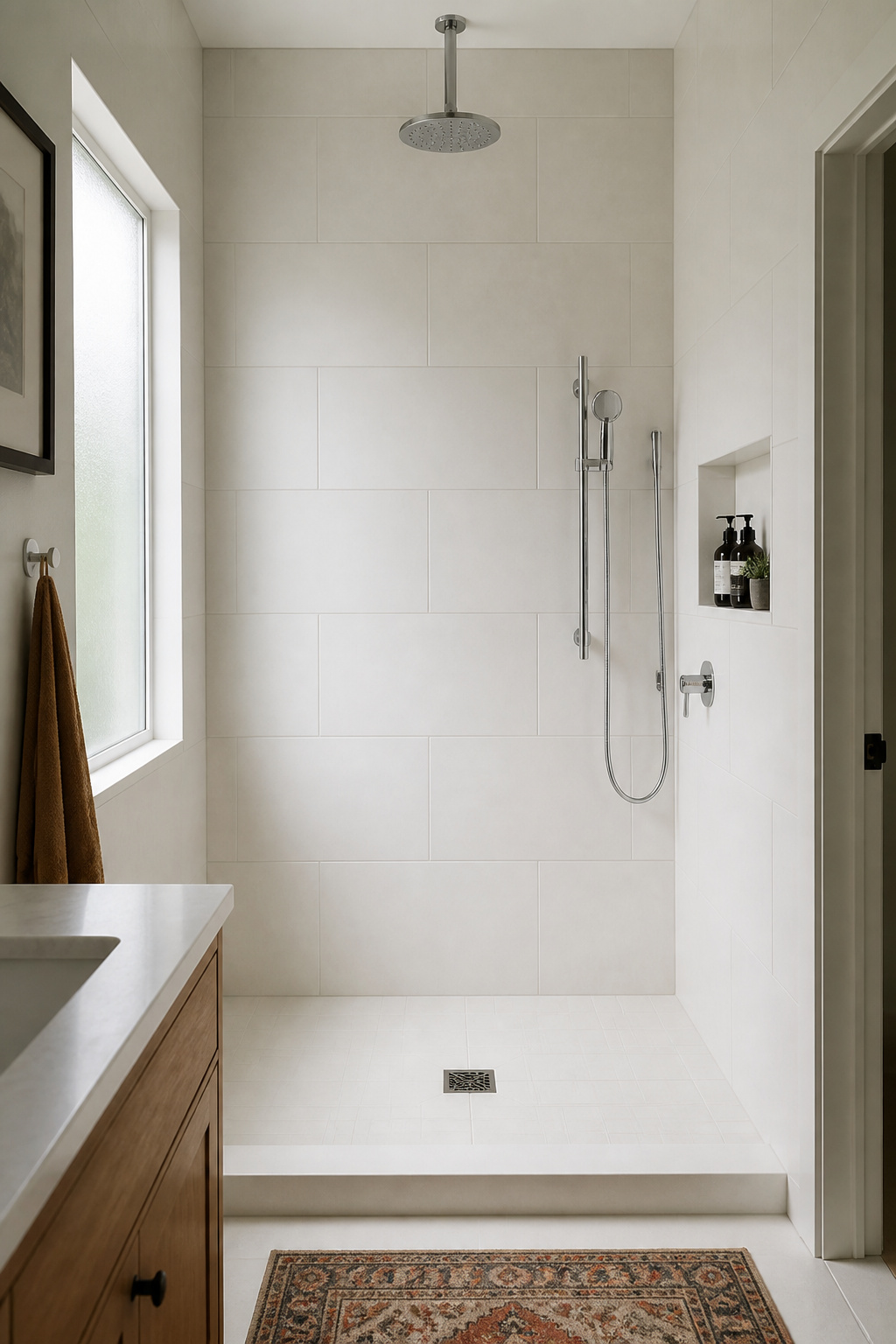 Floor-to-ceiling tile removes the visual stop at mid-wall, letting the eye travel upward and making a compact shower feel significantly taller.