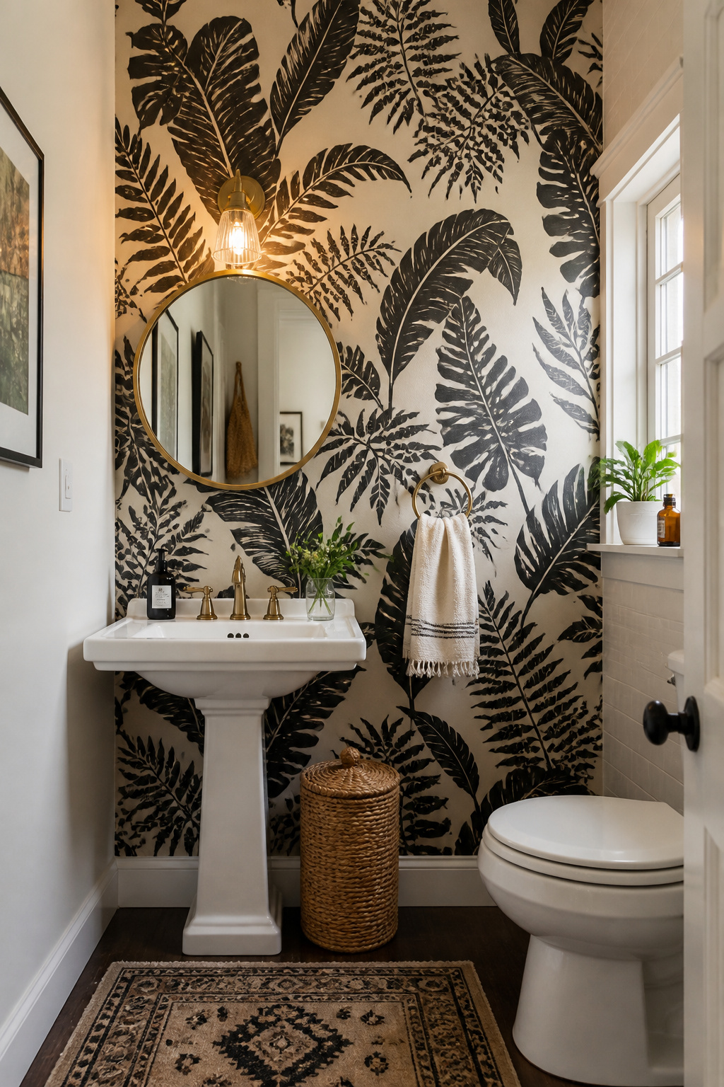 A single bold wallpapered wall opposite the bathroom door creates instant personality — and in a small room, you only need to paper one wall to get the full effect.
