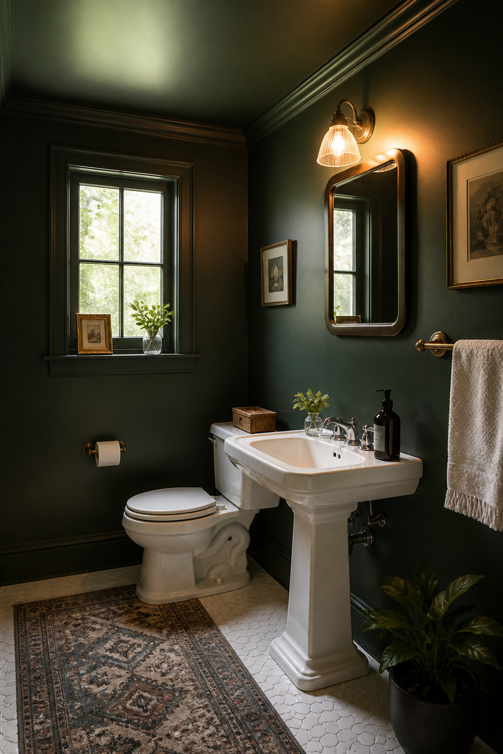 Colour-drenching — painting walls, ceiling, and trim the same deep forest green — transforms a small bathroom from a beige box into an intentional, spa-like space.