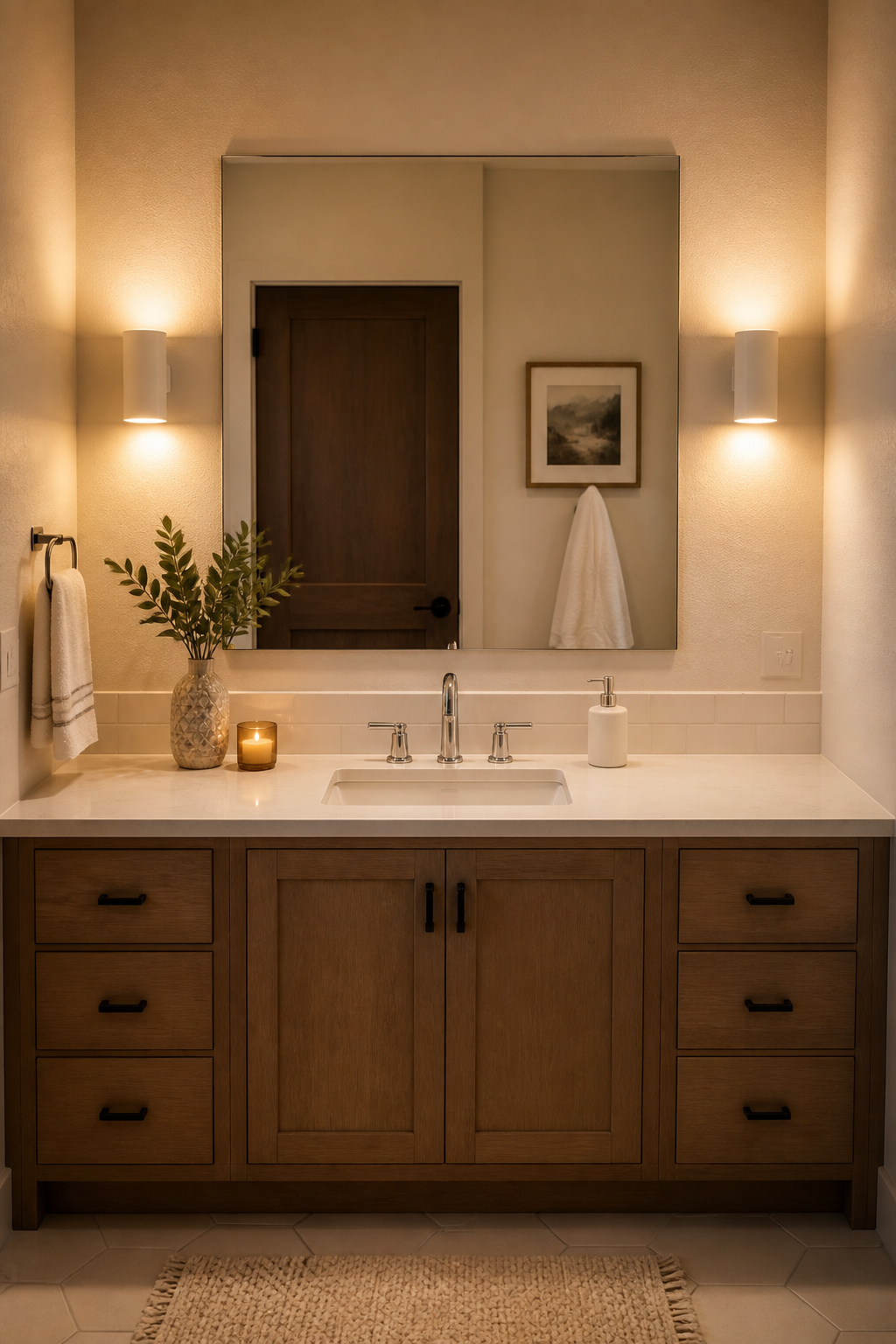 Side sconces at 60 inches height on either side of the mirror replace the shadows that overhead fixtures create, turning a clinical bathroom into a flattering one.
