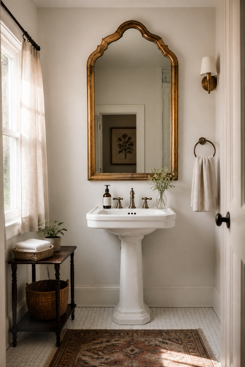One statement piece — here a large ornate vintage mirror from an estate sale — does more visual work than ten decorative accessories combined in a small bathroom.