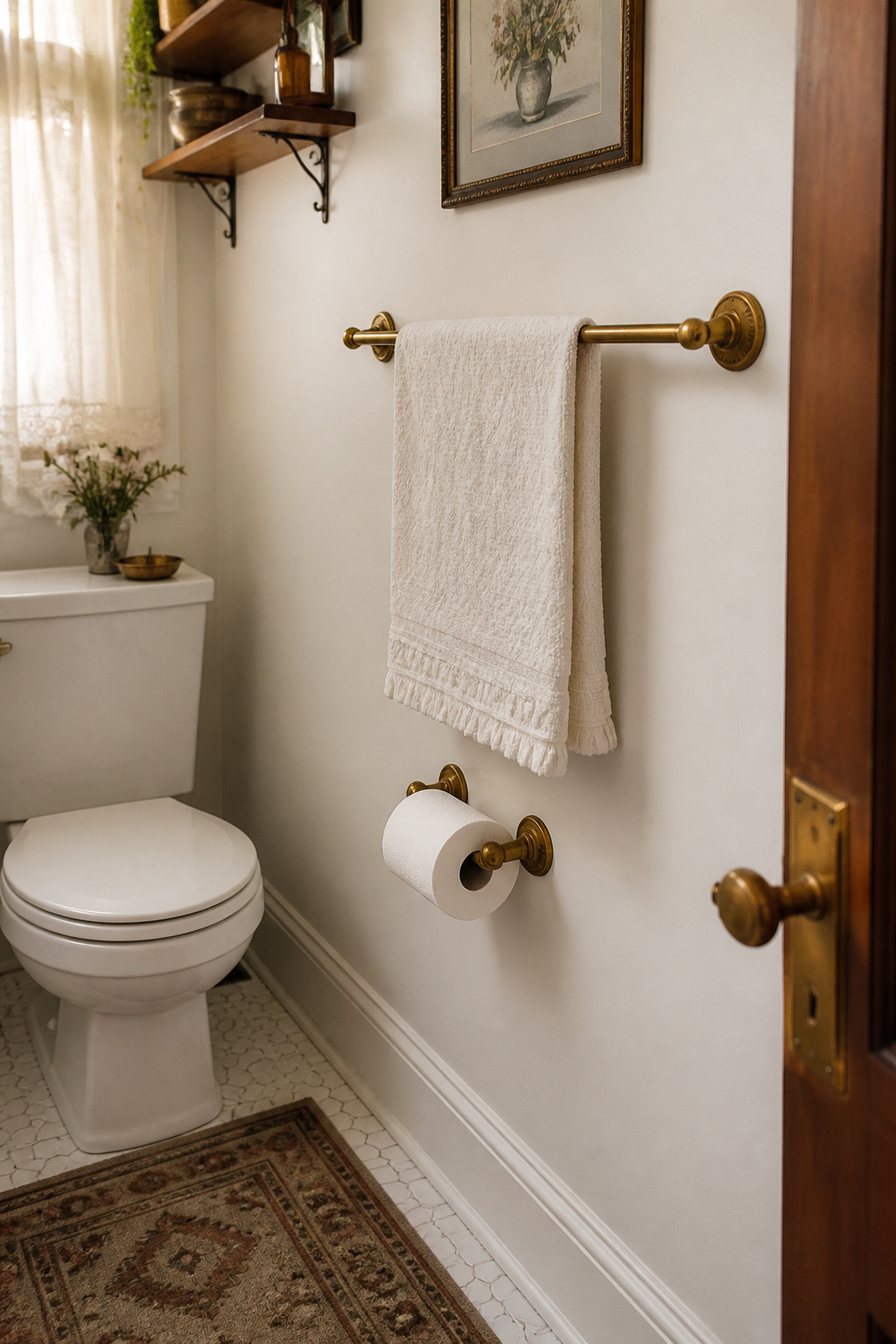 Replacing towel bar, toilet paper holder, and door hardware as a matching set is the fastest way to signal that a bathroom was actually designed rather than assembled.