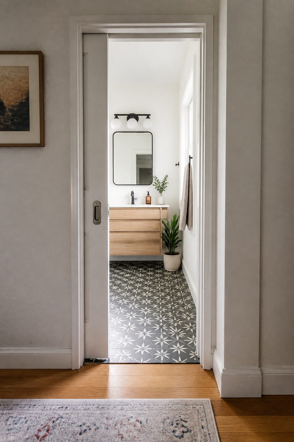 A pocket door slides flush into the wall, returning 9-12 square feet of floor arc back to the bathroom — a space-saving move that genuinely changes how the room feels to move around in.