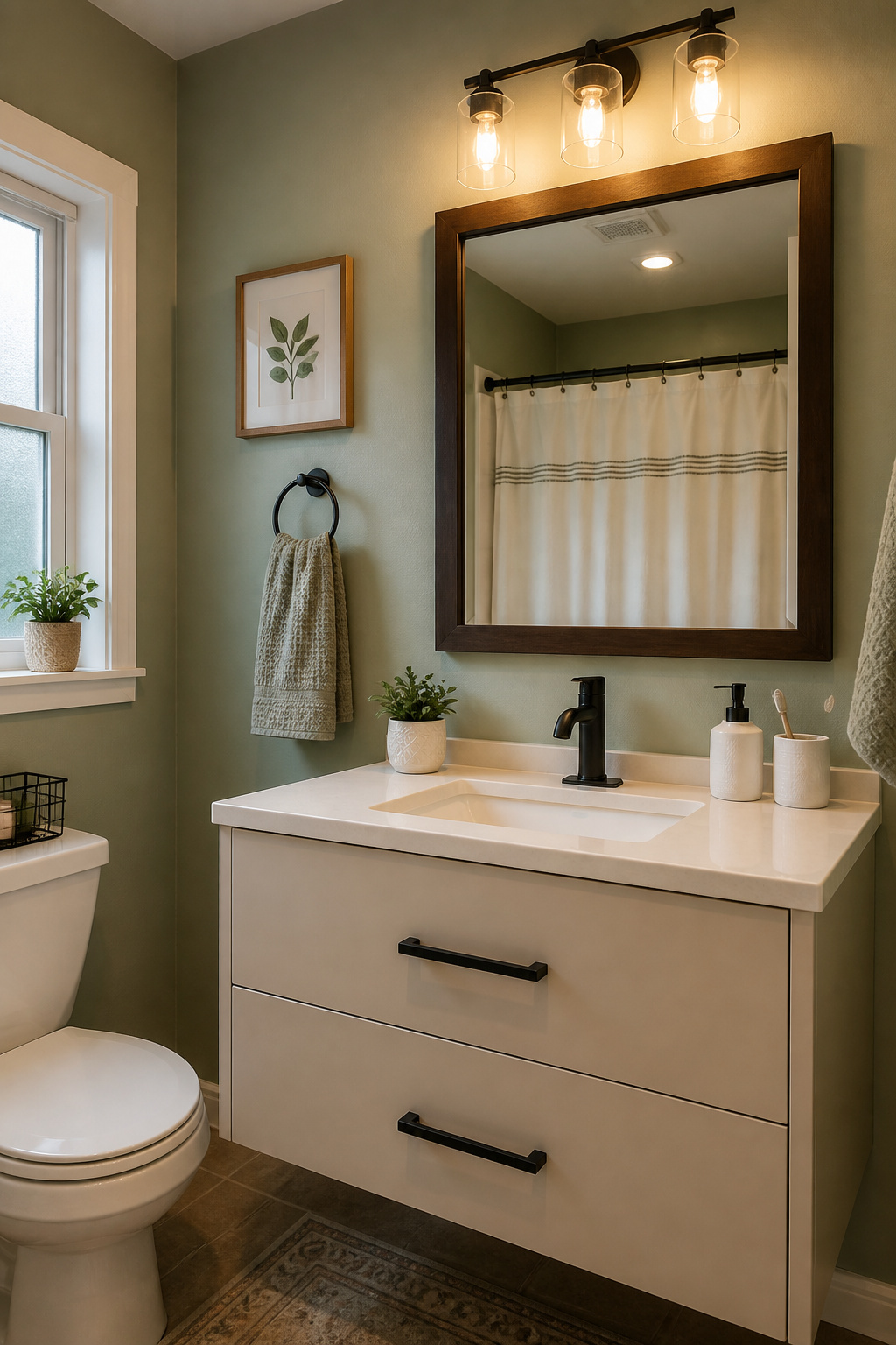Paint, new hardware, and a thrifted mirror — three changes done in the right order for around $100 — turn a builder-grade bathroom into one that looks thought-about.