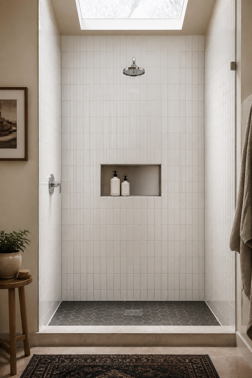 Vertical subway tile draws the eye upward along each tile's length rather than across the wall — same tile, same cost, completely different height effect.
