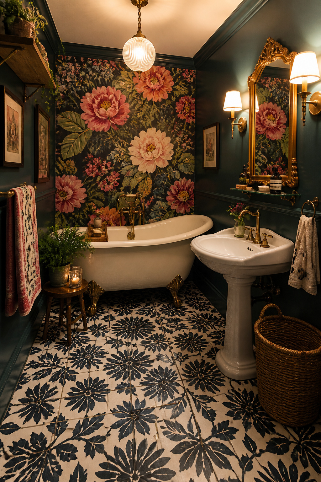 Maximalist small bathroom design works when one anchor element — here the botanical tile floor — unifies the bold layers of wallpaper, colour, and vintage fixtures above it.