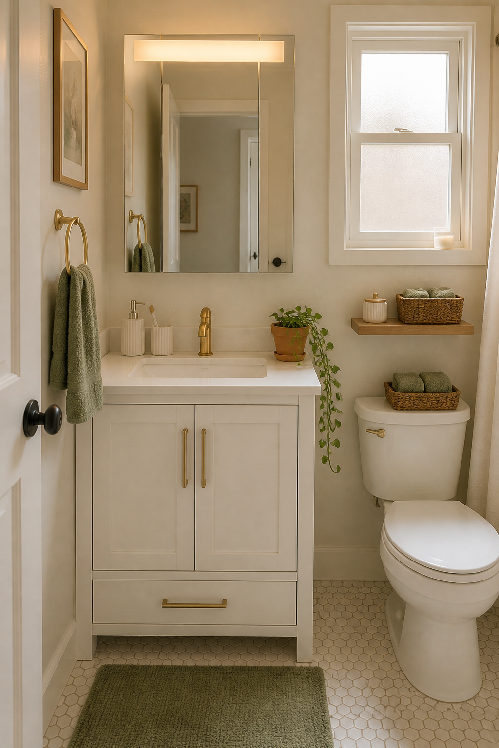 A three-colour maximum — warm white, sage, and brass — applied consistently across towels, hardware, and accessories turns a standard small bathroom into a cohesive, calm space.