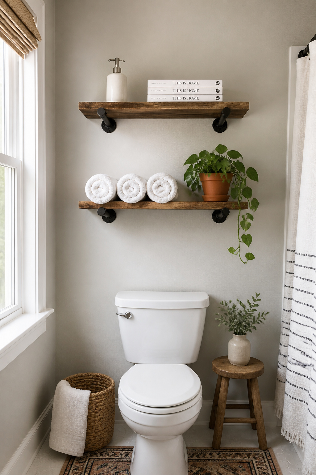 Open shelving above the toilet turns the most underused wall in a small bathroom into purposeful storage that looks as good as it functions.