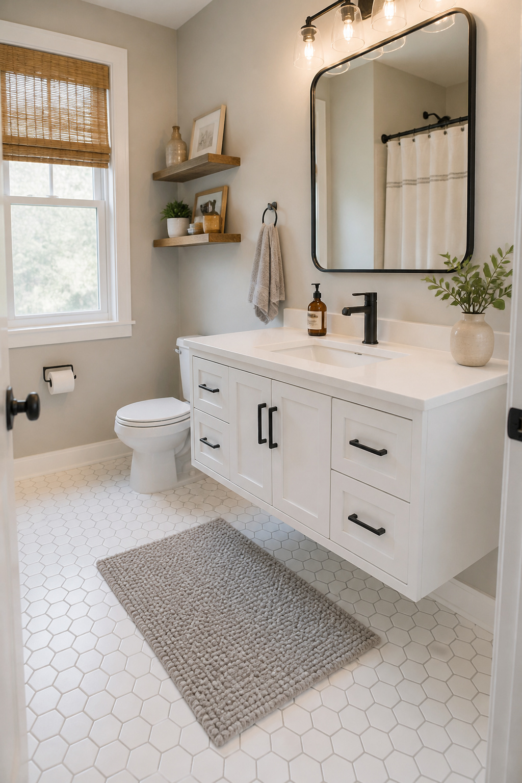 A floating vanity lets light travel under the cabinet and across the floor, a simple trick that makes a small bathroom feel significantly more open.