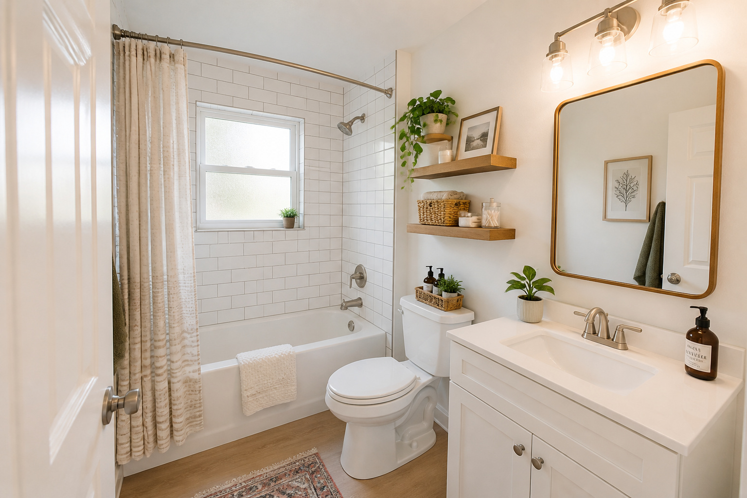 A full bathroom remodeling on a budget result — fresh paint, new flooring, updated fixtures, and styled shelving — showing what is possible without a contractor or a large budget.